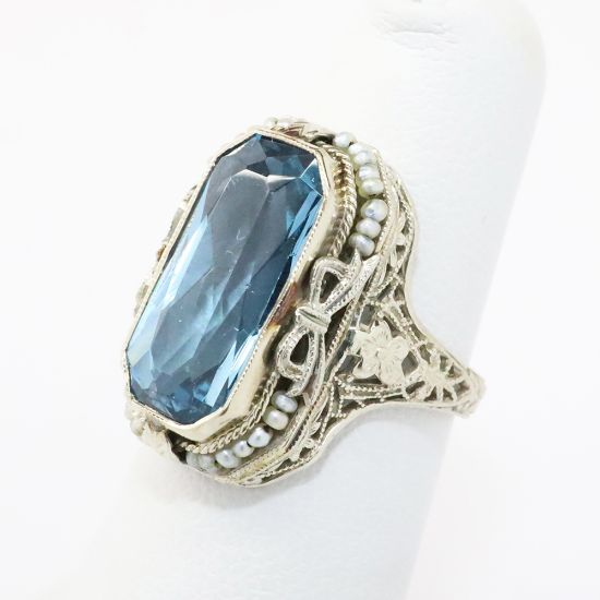 Picture of Antique Art Deco Era 14k White Gold Filigree & Blue Synthetic Spinel Ring with Gray Seed Pearl Accents