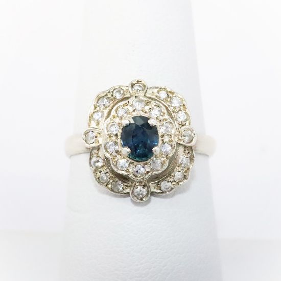 Picture of Antique 14k White Gold & Blue Sapphire Ring with Double Diamond Halo