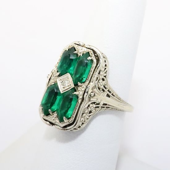 Picture of Antique Art Deco 14k White Gold Filigree Flip Ring, Cameo on One Side, Synthetic Emeralds on the Other