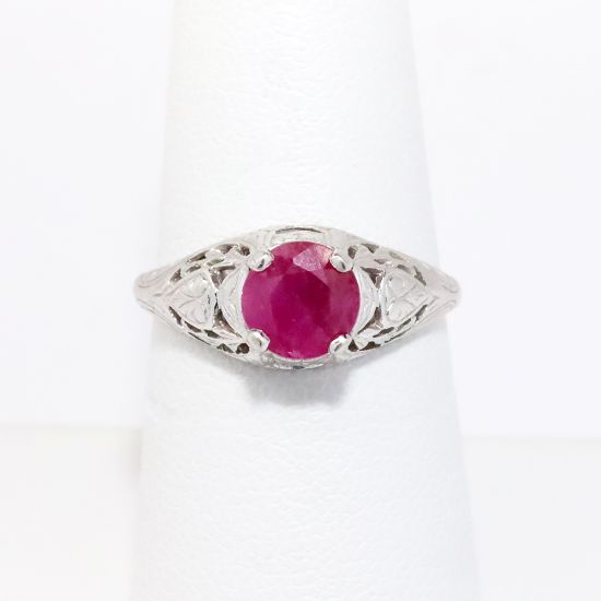 Picture of Antique Art Deco 10k White Gold Filigree & Ruby Solitaire Ring