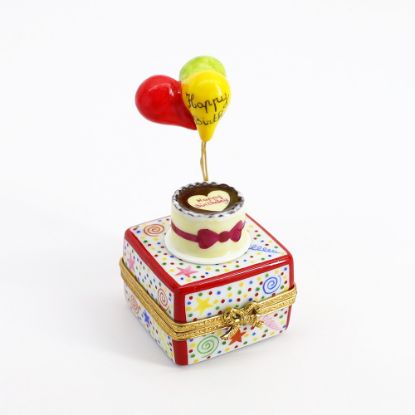 Picture of Limoges Porcelain 'Happy Birthday' Cake & Balloons Trinket Box with Surprise Heart Inside