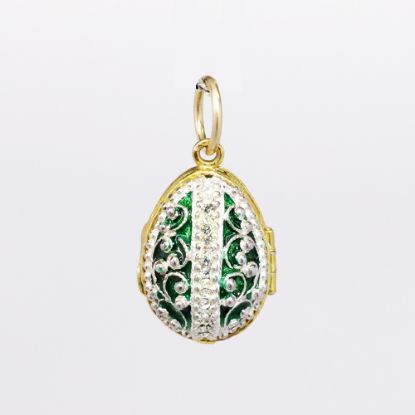 Picture of Vintage Gilt Sterling Silver, Green Enamel & Rhinestone Fabergé Style Egg Pendant/Charm with Angel Inside