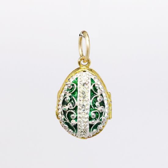 Picture of Vintage Gilt Sterling Silver, Green Enamel & Rhinestone Fabergé Style Egg Pendant/Charm with Angel Inside