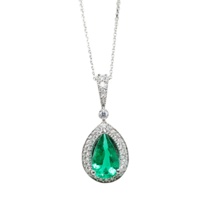 Picture of 14k White Gold & Pear Cut Emerald Necklace with Diamond Accents