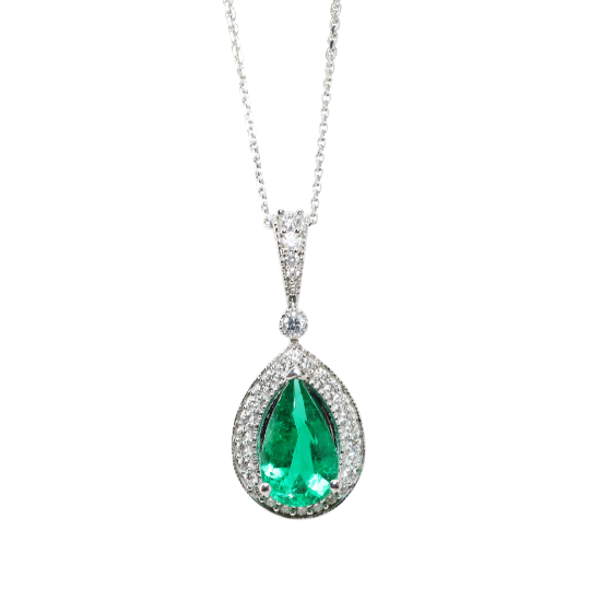 Picture of 14k White Gold & Pear Cut Emerald Necklace with Diamond Accents