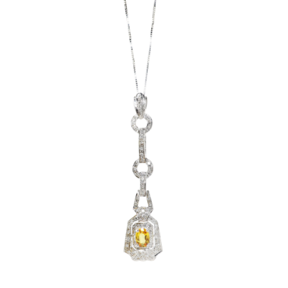 Picture of 14k White Gold Necklace with Art Deco Inspired Diamond & Citrine Pendant