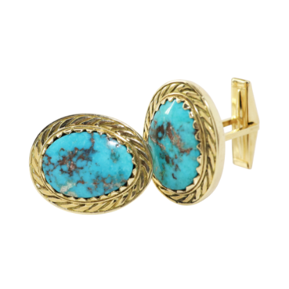 Picture of Men's Turquoise Oval Cufflinks set in 14k Yellow Gold 