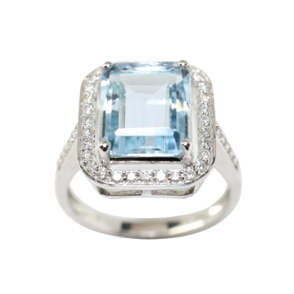 Picture of 14k White Gold & 4.32ct Emerald Cut Aquamarine Ring with Diamond Halo