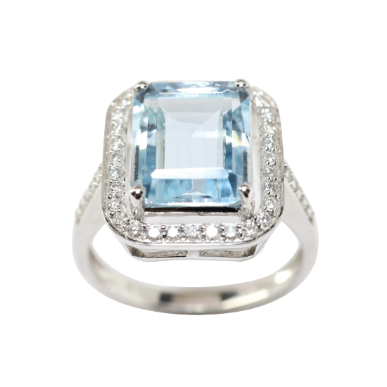 Picture of 14k White Gold & 4.32ct Emerald Cut Aquamarine Ring with Diamond Halo