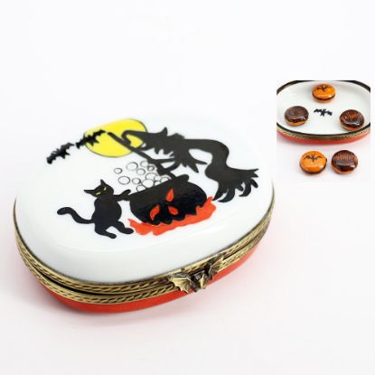 Picture of Limoges Porcelain Silhouetted Witch with Potion & Familiar Trinket Box with Surprise Halloween Candy Inside