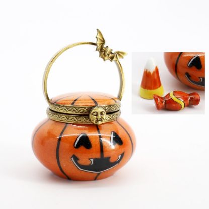 Picture of Limoges Porcelain Jack-O-Lantern Bucket Trinket Box with Surprise Halloween Candy Inside 