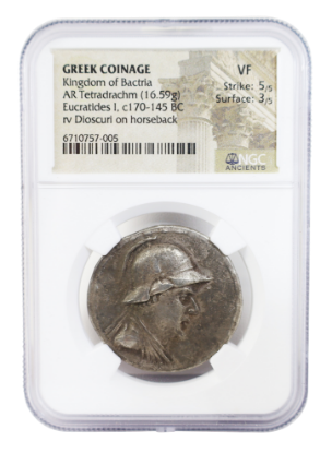 Picture of Eucratides I, c. 170-145, Kingdom of Bactria, Greek coinage, AR Tetradrachm, NGC AU 5/5