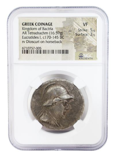 Picture of Eucratides I, c. 170-145, Kingdom of Bactria, Greek coinage, AR Tetradrachm, NGC AU 5/5