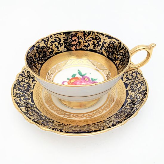 Picture of Vintage 1939-1949 Paragon Double Warrant Bone China Tea Cup & Saucer in Cobalt Blue with Heavy Gilding