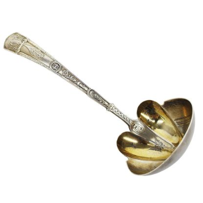 Picture of Antique Gorham Sterling Silver Gravy Ladle with Japanese Peacock Motif Handle & Bright Cut Bowl