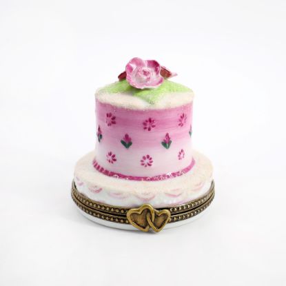 Picture of Limoges Porcelain Pink Anniversary Cake Trinket Box with Bride & Groom Inside 