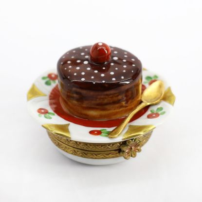 Picture of Limoges Porcelain Chocolate Cherry Cake on Plate with Spoon Trinket Box