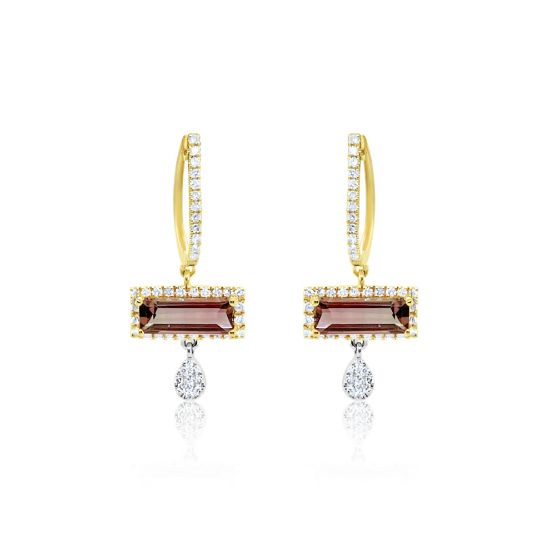 Picture of 14k Two-Tone Gold Watermelon Tourmaline & Dangling Diamond Charms Earring
