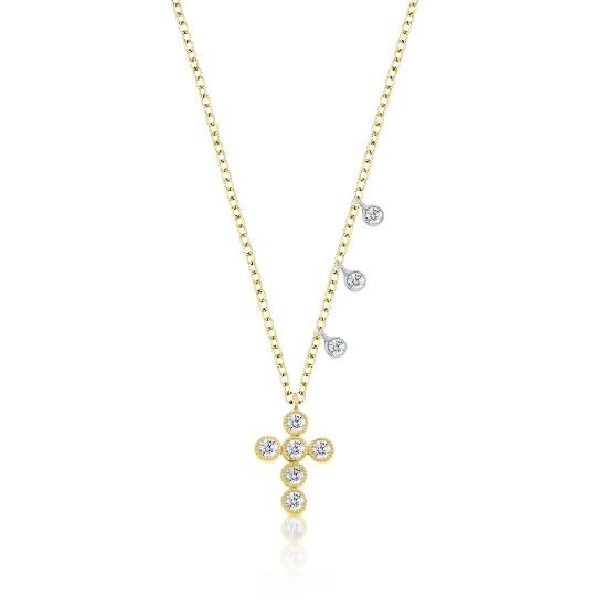 Picture of 14k Yellow Gold Dainty Bezel Set Diamond Cross & Diamond Charms Necklace