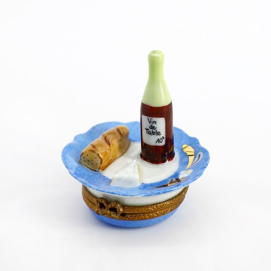Picture of Limoges France Plate with Wine Bottle, Baguette & Brie Cheese Trinket Box 