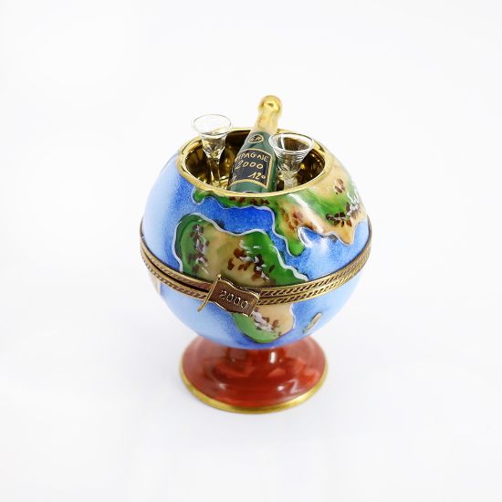 Picture of Limoges France Millennium Globe Trinket Box with Golden Well Filled with a Champagne Bottle & Glasses