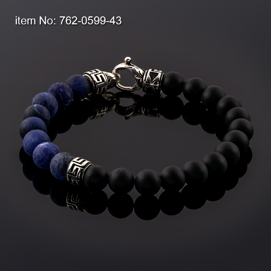 Picture of AXION Sterling Silver Matte Finished Greek Key Onyx & Lapis Lazuli Bead Bracelet