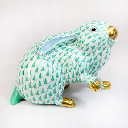 Picture of Herend Porcelain Bunny with One Paw Up Figurine #5335 in Green Fishnet