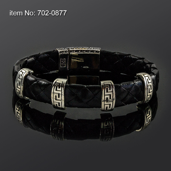 Picture of AXION Sterling Silver Greek Key & Black Leather Bracelet