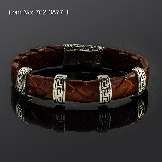 Picture of AXION Sterling Silver Greek Key & Brown Leather Bracelet