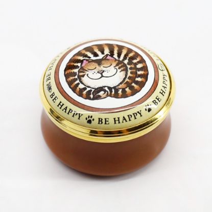 Picture of Vintage Halcyon Days 'Be Happy' Enameled Cat Pill Box with Box & COA