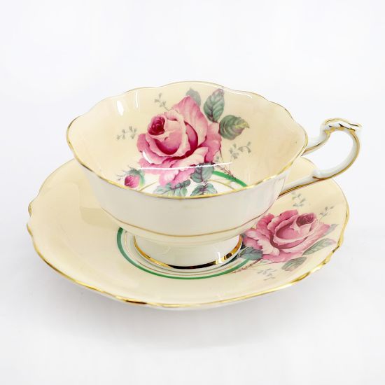 Picture of Vintage Paragon Bone China Peach Tea Cup & Saucer with Pink Cabbage Rose Decoration