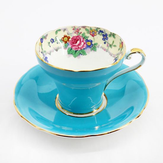 Picture of 1930's Aynsley Bone China Turquoise Tea Cup & Saucer with Floral Interior