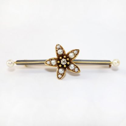 Picture of Antique Victorian 14k Gold, Black Enamel, Pearl & Mine Cut Diamond Mourning Bar Brooch