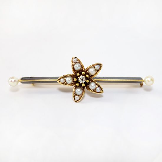 Picture of Antique Victorian 14k Gold, Black Enamel, Pearl & Mine Cut Diamond Mourning Bar Brooch
