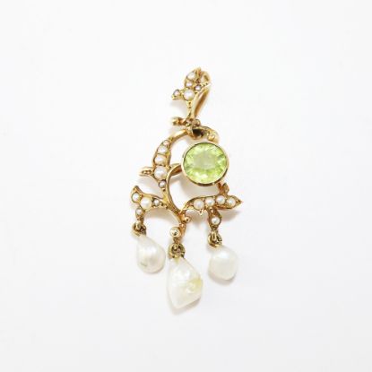 Picture of Antique Edwardian Era 14k Yellow Gold, Peridot, Seed & Freshwater Pearl Lavalier Pendant