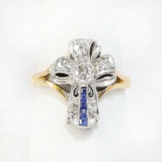 Picture of Antique Early 20th Century Platinum, 15k Gold, Diamond & Synthetic Sapphire Cross Ring