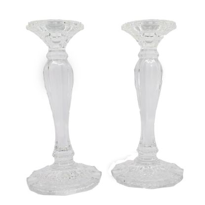 Picture of Neiman Marcus Pair of Crystal Candlestick Holders 10" Tall with Saddle Brown Crocodile Faux Leather Gift Box