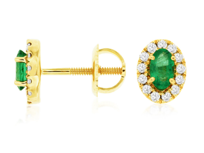 Picture of 14k Yellow Gold Oval Emerald & Diamond Halo Earrings