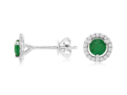 Picture of 14k White Gold Round Emerald & Diamond Halo Earrings