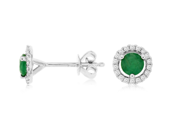 Picture of 14k White Gold Round Emerald & Diamond Halo Earrings