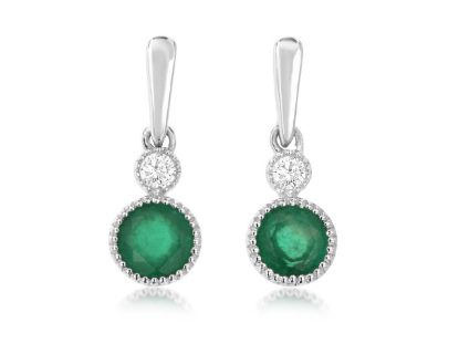 Picture of 14k White Gold Mini Dangling Round Emerald & Diamond Earrings