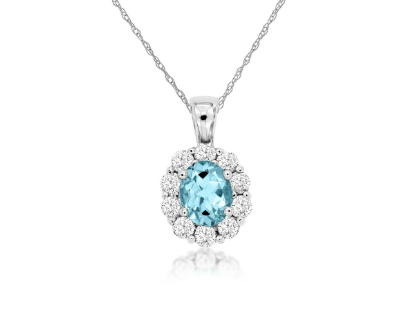 Picture of 14k White Gold Oval Aquamarine & Diamond Halo Pendant
