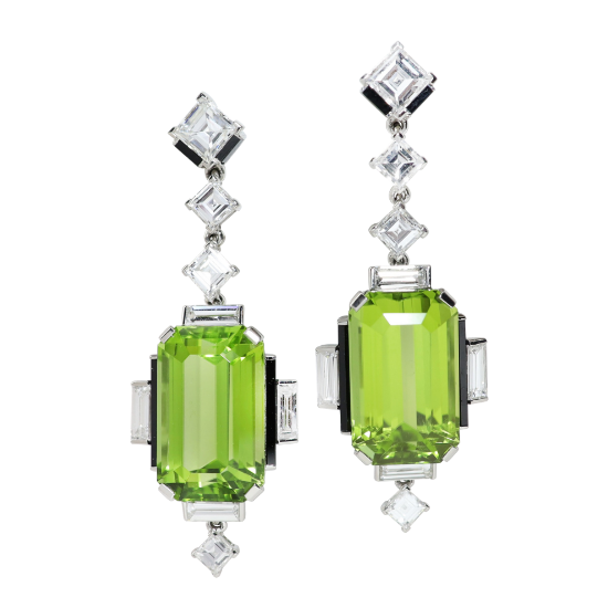 Picture of Platinum, Peridot, Diamond & Onyx Art Deco Style Earrings by Raymond C. Yard