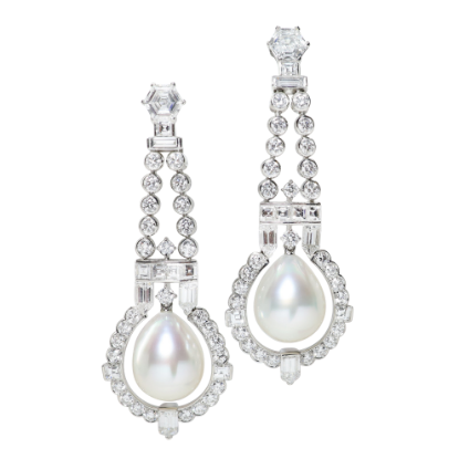 Picture of Platinum, South Sea Pearl Drops & Diamond Earrings by Raymond C. Yard