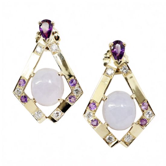 Picture of 14k Yellow Gold, Nephrite Jade, Amethyst & Diamond Earrings