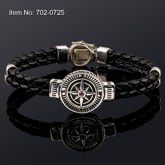 Picture of AXION Sterling Silver Compass Motif & Black Double-Braided Leather Bracelet