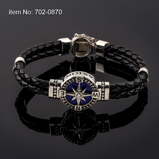 Picture of AXION Sterling Silver Lapis Lazuli Compass Motif & Black Double-Braided Leather Bracelet
