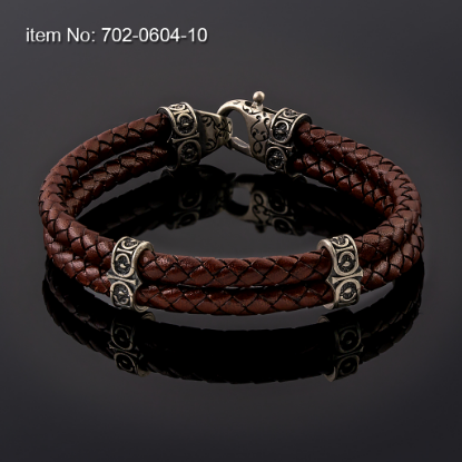Picture of AXION Sterling Silver Bracelet with Signature Motif Washers & Braided Brown Leather