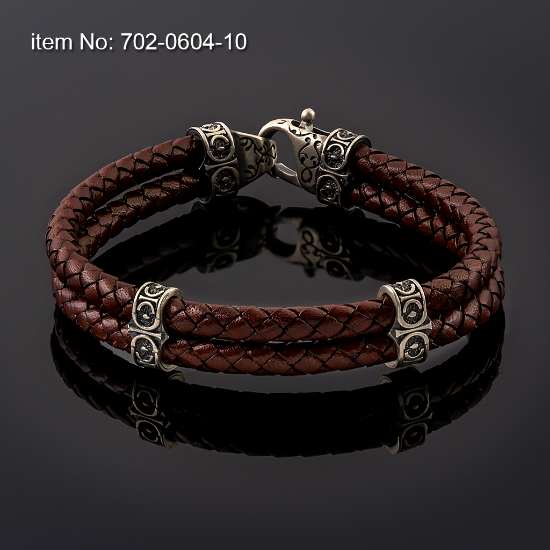 Picture of AXION Sterling Silver Bracelet with Signature Motif Washers & Braided Brown Leather