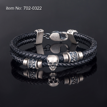 Picture of AXION Sterling Silver Skull Motif & Double Wrap Black Leather Bracelet